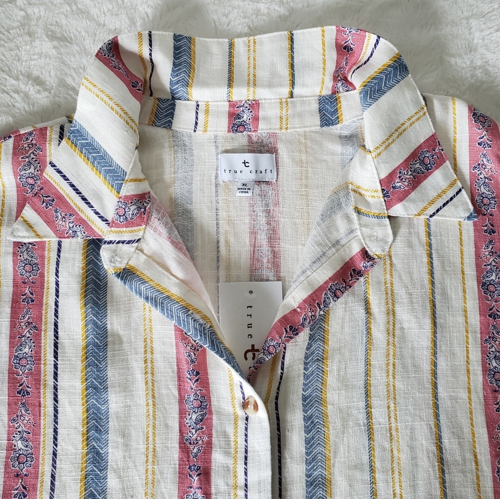 NWT True Craft Camp Striped Linen Button Down Shirt, Size X-Large